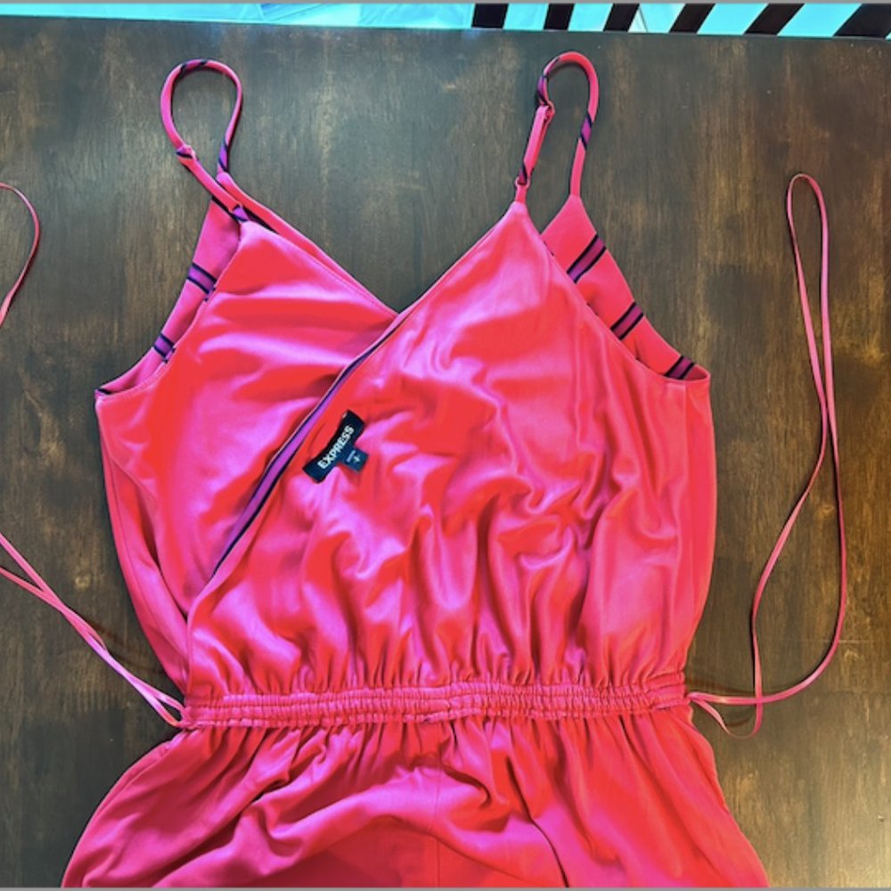 EXPRESS Striped Wrapped Front Jumpsuit Red S - Picture 7 of 12